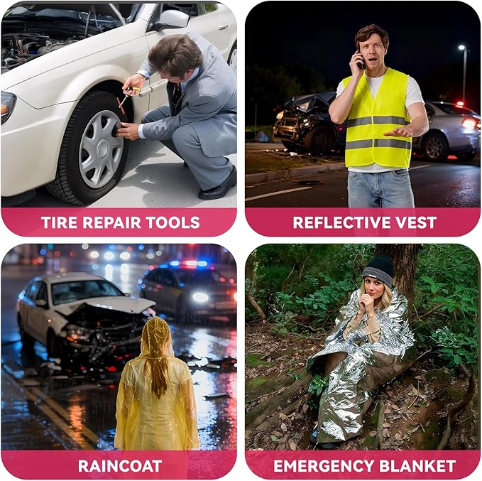 15PC Car Emergency Kit with Jumper Cables, Roadside Assistance Safety Kit for Auto & Truck, Includes Safety Hammers, Tow Strap, Warning Triangle, First Aid, Gifts for Young Men or Women,Red