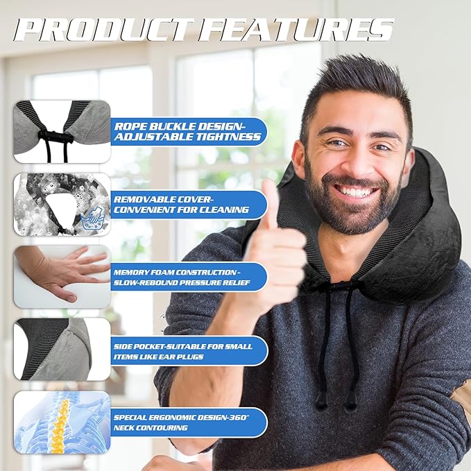 Travel Pillow 3-in-1 Memory Foam Ergonomic Neck Support Pillow for Airplanes with Ear Plugs & Eye Mask | Machine Washable Travel Pillow for Long Flights, Road Trips & Camping (Grey+Black)