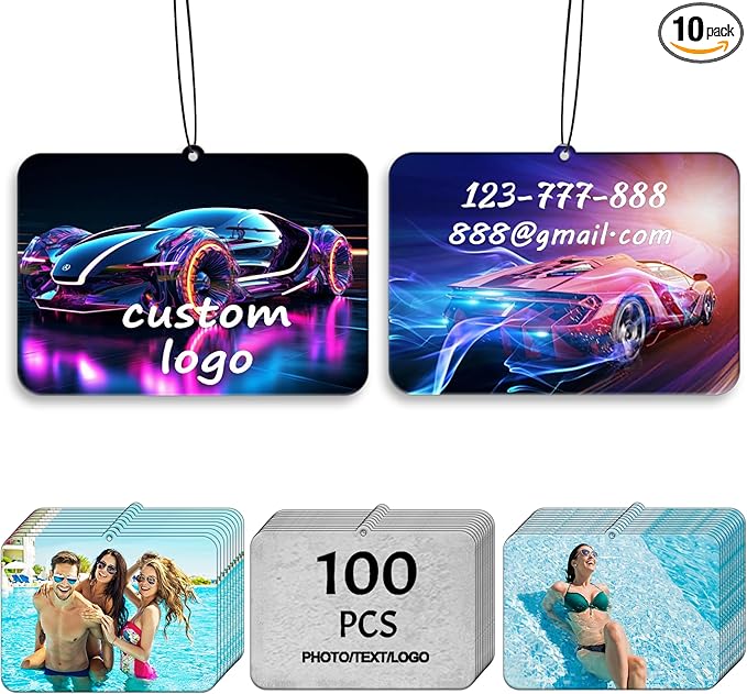 10/50/100Pcs Custom Logo Car Air Fresheners Bulk, Wholesale Personalized Double-Sided Car Air Fresheners with Photo/Text/Business Logo, Suitable for Truck and Car Drivers (100-Horizontal Rectangle)