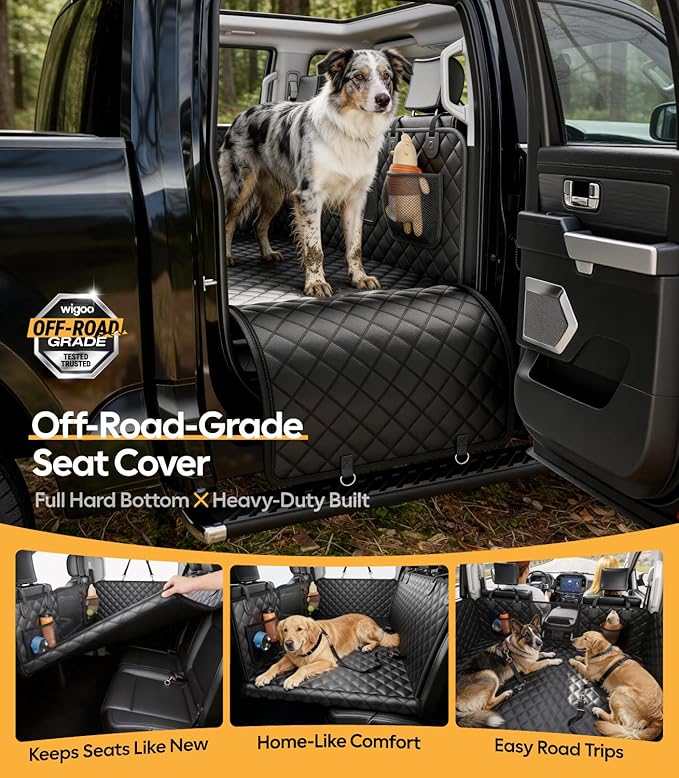 Wigoo Dog Car Seat Cover for Back Seat, 450lbs Hardbottom Dog Hammock, Waterproof & Anti-Scratch Backseat Protector for 1-4 Large/Medium Dogs, Seat Extender for SUV Medium Truck, Size-L, Black