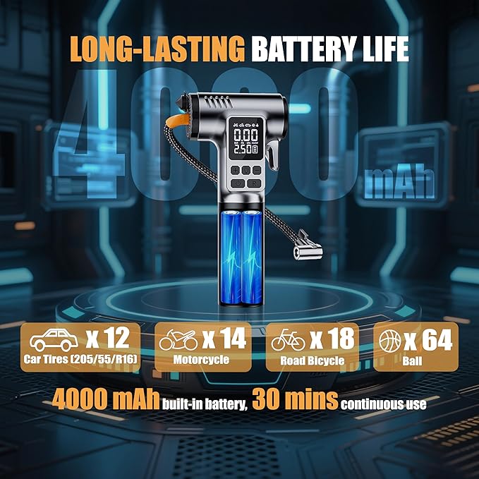 Portable Tire Inflator, 150PSI Air Compressor with LCD pressure gauge & Auto shut-off, Features built-in LED light, Safety hammer & Seatbelt Cutter, for Car/Bike/Motorcycles/Ball