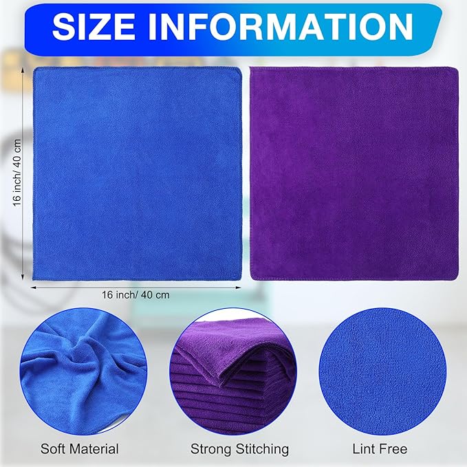 Nuenen 60 Pcs Microfiber Cleaning Cloths for Cars 16 x 16 Inch Ultra Absorbent Car Towels Drying Reusable Cleaning Supplies House Kitchen Window Microfiber Towel (Purple,Blue)