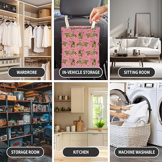 Cute Car Trash Can, Hanging Canvas Car Back Seat Organizer and Storage Bag, Funny Car Trash Bag For Travelling, Outdoor Pink Cheetahs