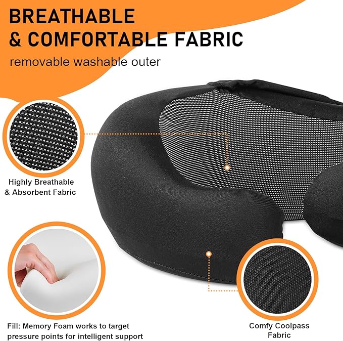 Travel Pillow - Hooded Neck Pillow Airplane Memory Foam Filling for Plane, Office, Cars Sleeping, Road Trip, Long Flights, Portable Plane Accessories, Includes Eye Mask & Earplugs (Black)