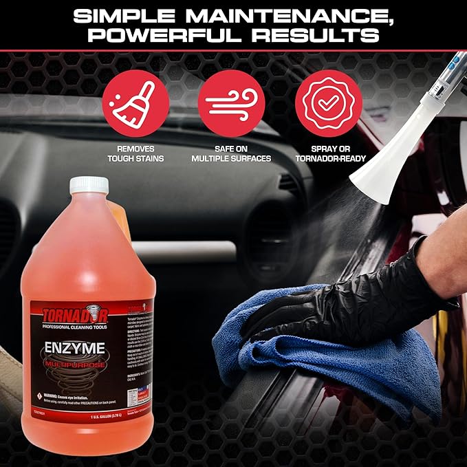 Tornador TC-Enzyme Multi-Purpose Cleaner – 1 Gallon | Enzyme Interior Cleaner for Carpet, Upholstery, Car Detailing Car Cleaning Gun Solution | Odor Control Concentrate