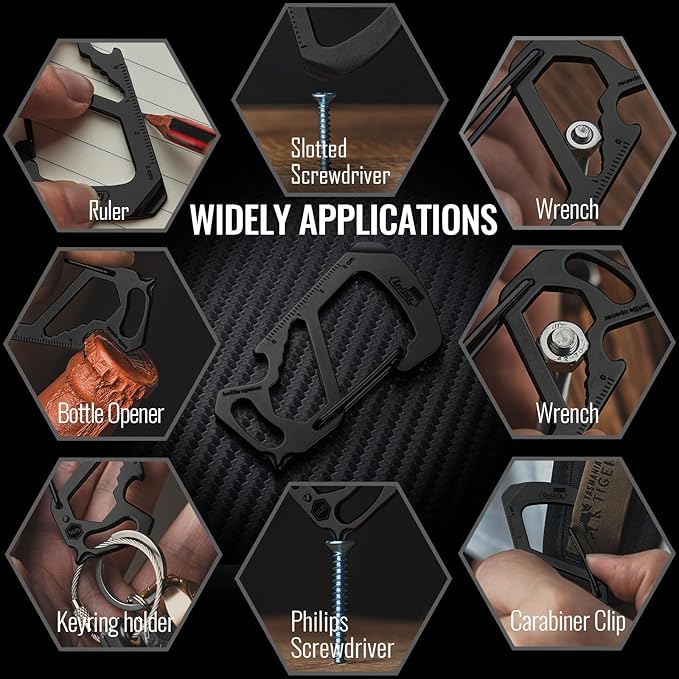 KeyUnity KS00BK Carabiner Clip Multitool Stainless Steel 7 Tools in 1, Quick Release Clasp, Wrench, Cross Screwdriver, Slotted Screwdriver, Bottle Opener, Ruler, Key Holder (PVD Black)