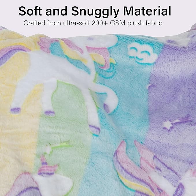 NAPRO Kids 3-in-1 Travel Blanket and Pillow Combo, Convertible Infinity Scarf, Lightweight Neck Support for Airplane, Car & Camping, Glow-in-The-Dark - Unicorn