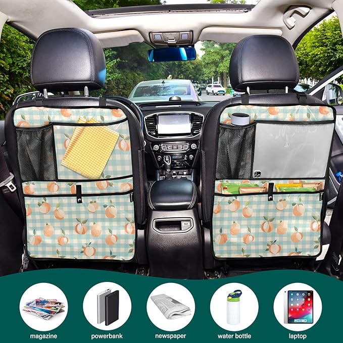 1 Pack Back Seat Car Organizer with Storage Pockets Kick Mats Back Seat Protector Hanging Car Organizer Automotive Seat Back Cover Organizers Peaches Plaid Vacation Style Blue
