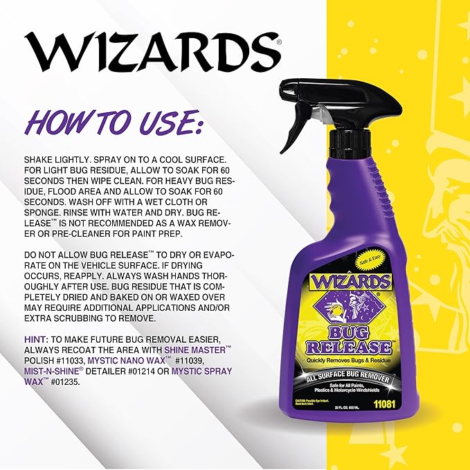 Wizards Bug Release - All Surface Bug Remover and Wash for All Vehicles - Softens and Neutralizes Acidic Bug Protein - Doubles as Spot Cleaner and Pre-Soak Car Cleaner - 22 Fl Oz