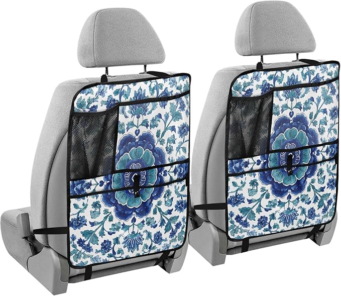 1 Pack Back Seat Car Organizer with Storage Pockets Kick Mats Back Seat Protector Hanging Car Organizer Automotive Seat Back Cover Organizers Floral Blue and White Vine