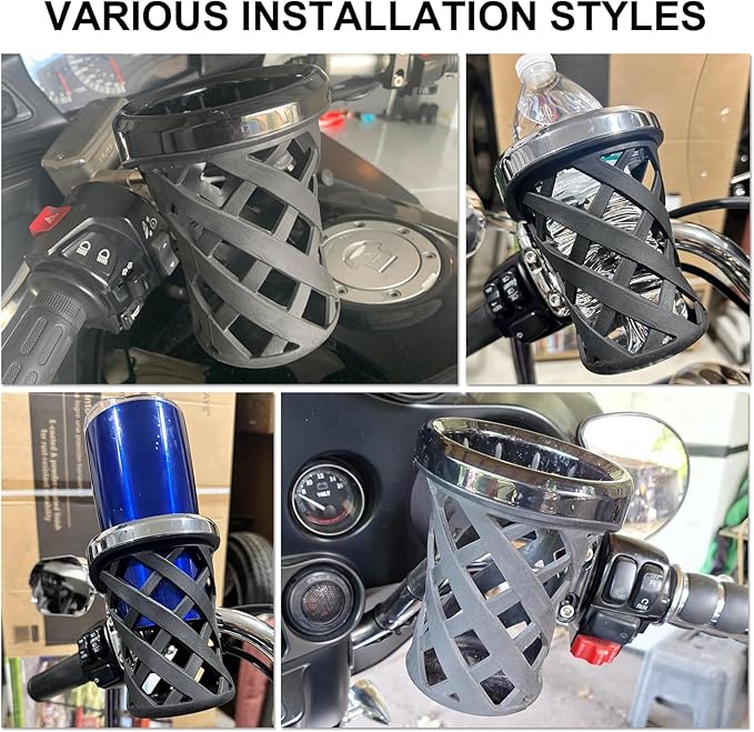 PSLER Motorcycle Drink Cup Holder Handlebar Mount Universal for Dyna Fat Bob Touring Road Glide Street Electra Glide Softail 1996-up Goldwing GL1800 2018-up (Black, 105mm)