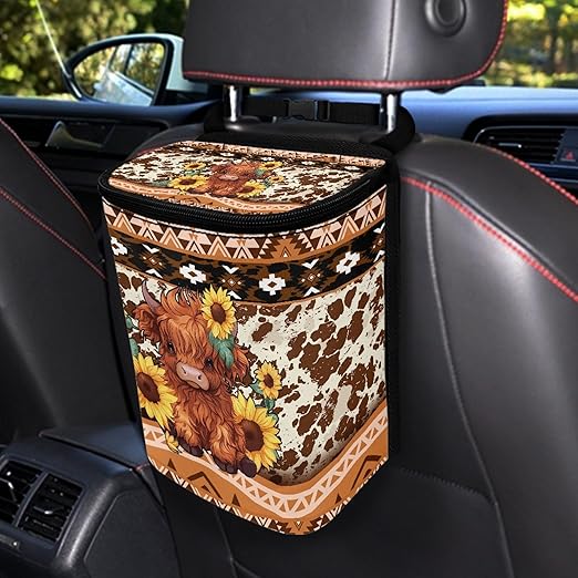 Highland Cow Car Trash Can with Lid Garage Bag Southwest Aztec Automotive Garbage Bin Reusable Auto Accessories Interior Car Organizer with Adjustable Straps