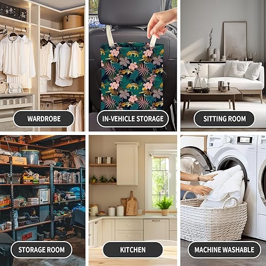 Cute Car Trash Can, Hanging Canvas Car Back Seat Organizer and Storage Bag, Funny Car Trash Bag For Travelling, Outdoor Tropical Leopard Jungle