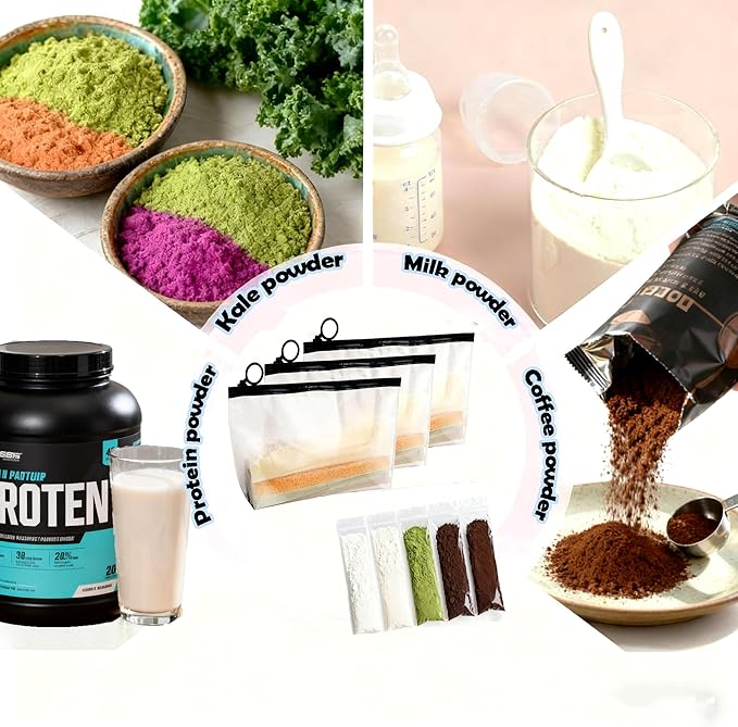 Asix Toy 100 pcs Protein Powder Travel Container Set,Protein Powder Container to Go,Reusable Single Dose Bags & 3Pcs Large Zip Bags,with Funnel Labels,Powder Dispenser for Travel Fitness Workout