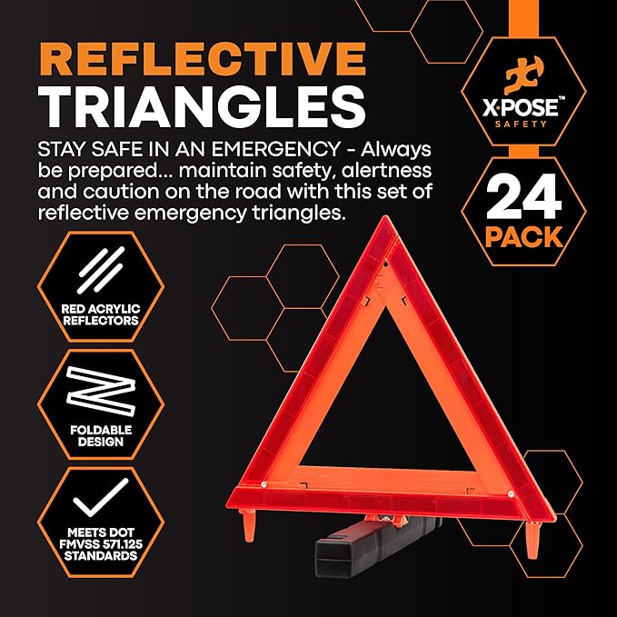Xpose Safety Reflective Emergency Triangles – 24 Kits (72 Triangles) – DOT Approved Roadside Car Safety Warning Reflectors – Red & Orange Automotive Vehicle Hazard Visibility Markers