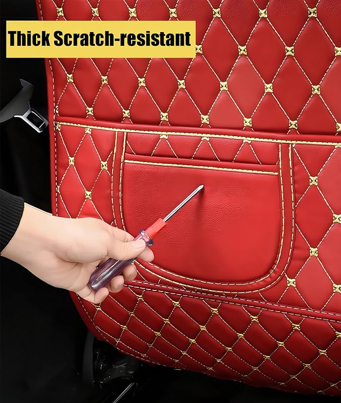 Leatherette Car Seat Protector - 2 Pack Large Car Kick Mats with Storage Pockets Organizer Seat Back Cover Against Dirty Shoes & Scratches, Universal Fit for Most Vehicles, Red