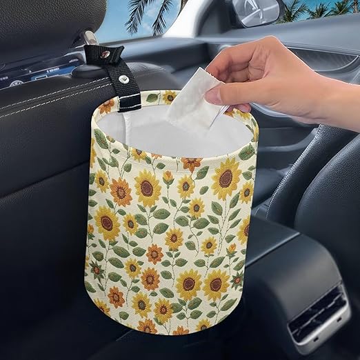 Sunflower Print Collapsible Can Trash Can - Hanging Portable Dustbin Bin for Cars, Camping & Family Gatherings, Easy to Clean