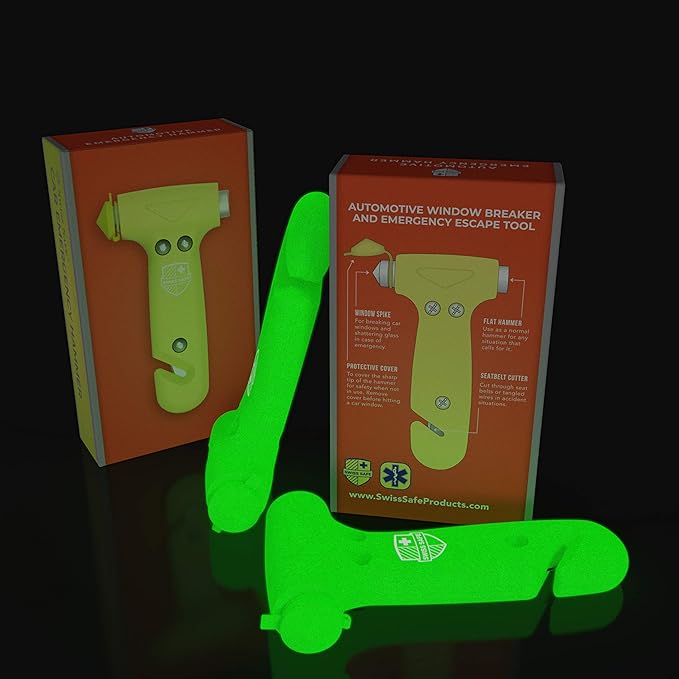 Swiss Safe Durable 5-1 Car Safety Hammer Window Breaker Breaker Tool w/Seatbelt Cutter - Emergency Escape Glass Hammer - Truck, Car Safety Essentials & Accessories - Glow, 2 Pack