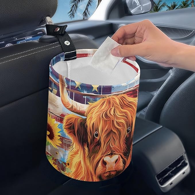 Cute Car Trash Can Highland Cow Print Automotive Accessories for Interior Organizer Truck SUV RV Vehicle Home Office Small Portable Hanging Garbage Bags