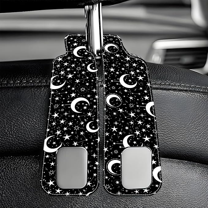 1 Pack Car Seat Headrest Hooks for Purses and Bags White Stars and Moons Bag Purse Holder for Car with Double Metal Hooks Car Purse Hanger Hanging Accessories