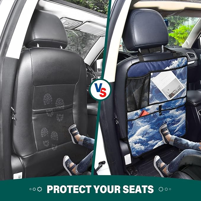 1 Pack Back Seat Car Organizer with Storage Pockets Kick Mats Back Seat Protector Hanging Car Organizer Automotive Seat Back Cover Organizers Japanese Deep Blue Sea Waves