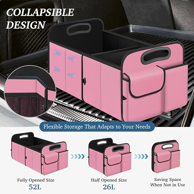 Trunk Organizer, Collapsible Waterproof Multi-Compartment Trunk Organizer for SUVs & Sedans, Car Storage with Reinforced Handles, Car Accessories for Women and Men, 52L