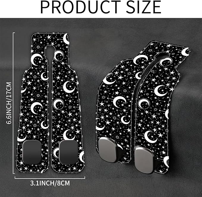 1 Pack Car Seat Headrest Hooks for Purses and Bags White Stars and Moons Bag Purse Holder for Car with Double Metal Hooks Car Purse Hanger Hanging Accessories