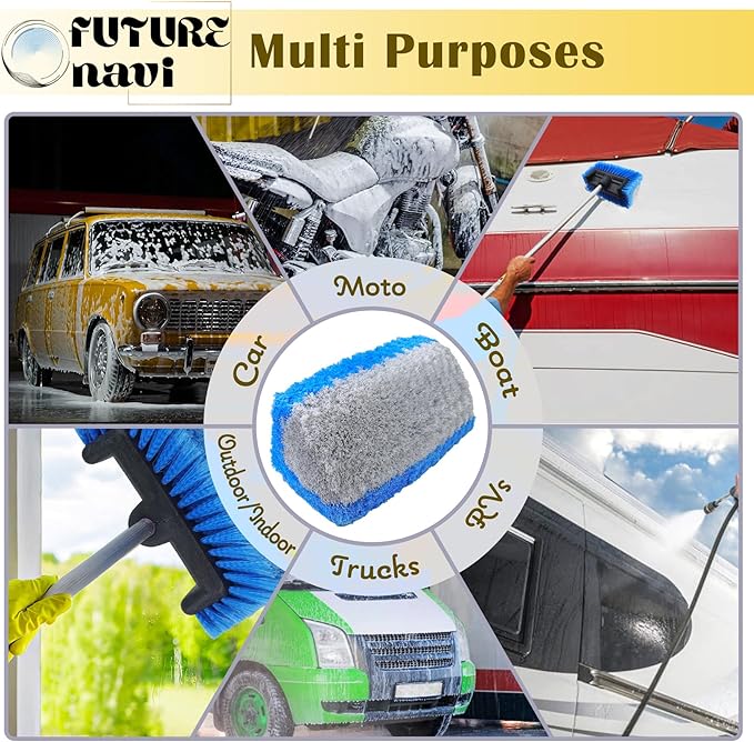 10" Car Wash Brush 5-Sided Head with Soft Detailing Bristle for Cleaning Exterior, Wash Equipment for Truck, SUV, RV, Camper, Deck Boat, Van, Home Washing, Two-in-one Colors: Blue and Gray.