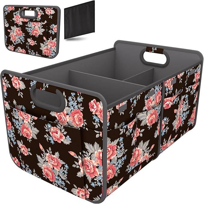 Homeve Trunk Organizer, Car Storage, Reinforced Handles, Collapsible Multi-Compartment Car Organizers, Foldable, Waterproof, 600D Oxford Polyester (Peony, 2 Compart)