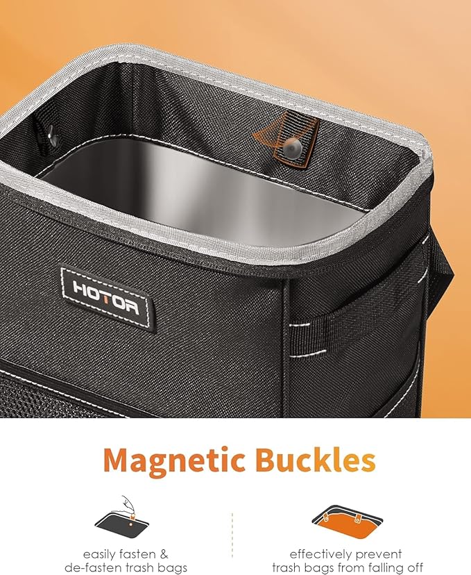 HOTOR Car Trash Can with Lid and Storage Pockets - 100% Leak-Proof Organizer, Waterproof Garbage Can, Multipurpose Trash Bin for Car, 2 Gallons, Black