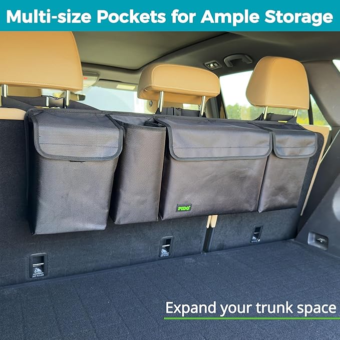 PIDO Hanging Trunk Organizer, Backseat Trunk Organizer for SUV, Hanging Car Storage Bag with Large Pockets for Sedan, Truck, Van, Upgraded Premium Fabric, Space Saving Car Interior Accessory