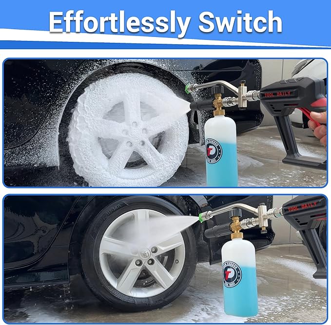 Tool Daily Short Pressure Washer Gun with Foam Cannon, Dual Connector Accessory, 1/4 Inch Quick Connect, 5 Spray Nozzle Tips, 1 Liter