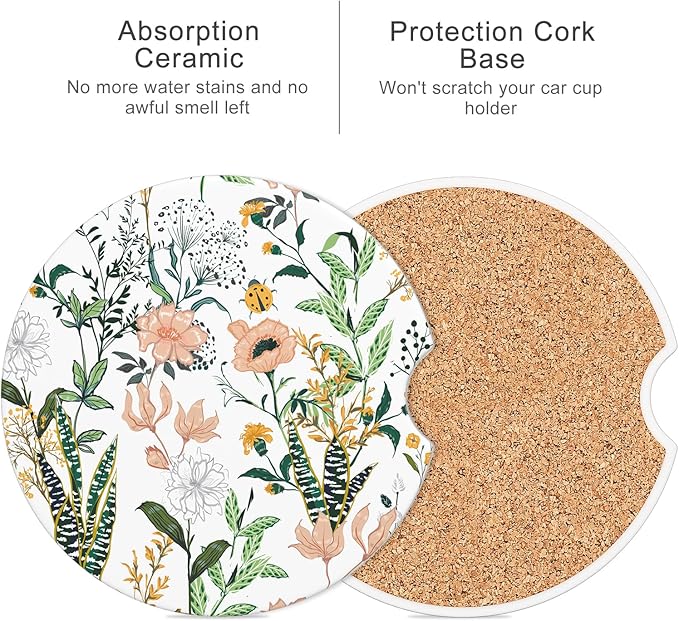 Car Cup Holder Coaster, Car Coasters for Cup Holders, 4 Pack Universal Anti Slip Insert Absorbent Ceramic Auto Interior Accessories with A Finger Notch & Cork Base, Village Road Flowers