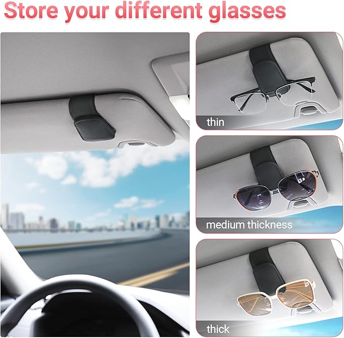KanSmart Sunglass Holder for Car Visor Sunglasses Clip Magnetic Leather Glasses Eyeglass Holder Interior Car Accessories for Woman Man -2 Packs Black