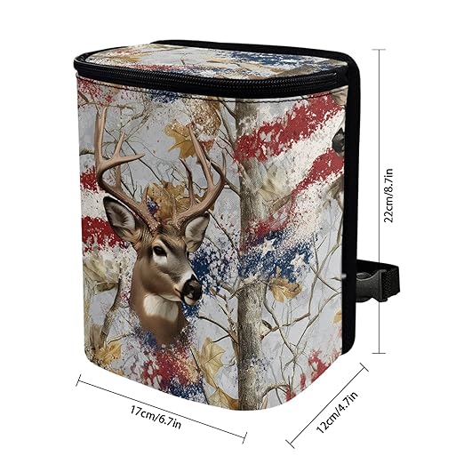 Camo Deer Car Trash Can with Lid US Flag Garbage Can with Adjustable Straps Trash Bin for Car Automotive Interior Accessories Storage Bag