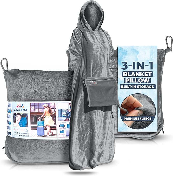 3-in-1 Travel Blanket Airplane – Compact with Bag & Pillow Combo Set, Gray Ultra-Soft Fleece | Packable Blanket Compact | Hidden Pocket | Trolley Sleeve | Carabiner | Travel Essentials