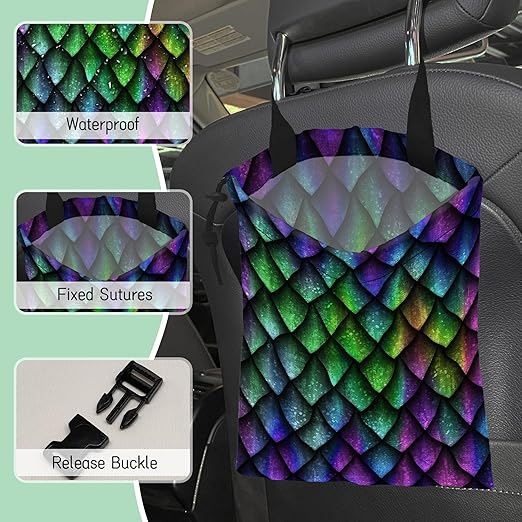 Dragon Scales Car Trash Bag,Hanging Drawstring Car Garbage Bag,Waterproof Canvas Car Back Seat Organizer with Adjustable Buckle,for Vehicles,SUVs,Camping,Road Trips