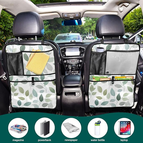1 Pack Back Seat Car Organizer with Storage Pockets Kick Mats Back Seat Protector Hanging Car Organizer Automotive Seat Back Cover Organizers Fresh Green and Grey Leaves