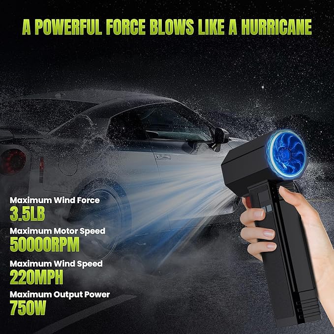 Oversize Turbo Dryer Blower for Car, 220MPH/420CFM Portable Cordless Leaf Blower, Maximum Power 750W & 3.5 LB Thrust for Patio Cleaning, Lawn Careand Car Drying (Pencil Black)