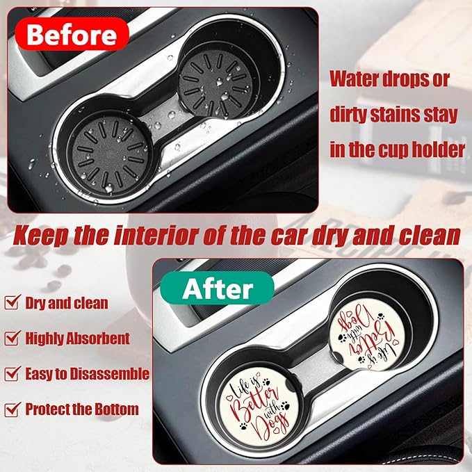Life is Better with Dog Cup Holder Car Coasters, Dog Paw Absorbent Ceramic Car Coasters for Cup Holders, Car Accessories for Women Men (2 Pack)