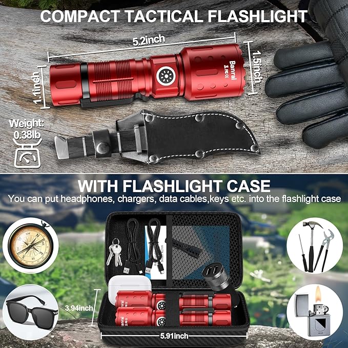 Banral Flashlights High Lumens Rechargeable, Super Bright Long Range Small Powerful Flashlight, 6 Modes LED Tactical Pocket Waterproof Flash Light for Home Emergency (2, Red)
