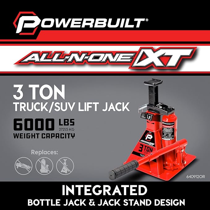 POWERBUILT 3 Ton All-in-One Hydraulic Bottle Jack and Jackstand in One, Compact, Wide Base, 11-21 Inch Range, Eliminates Jackstands, for Trucks, SUVs, RVs, Trailers, ASME, Not for Sedans - 640912