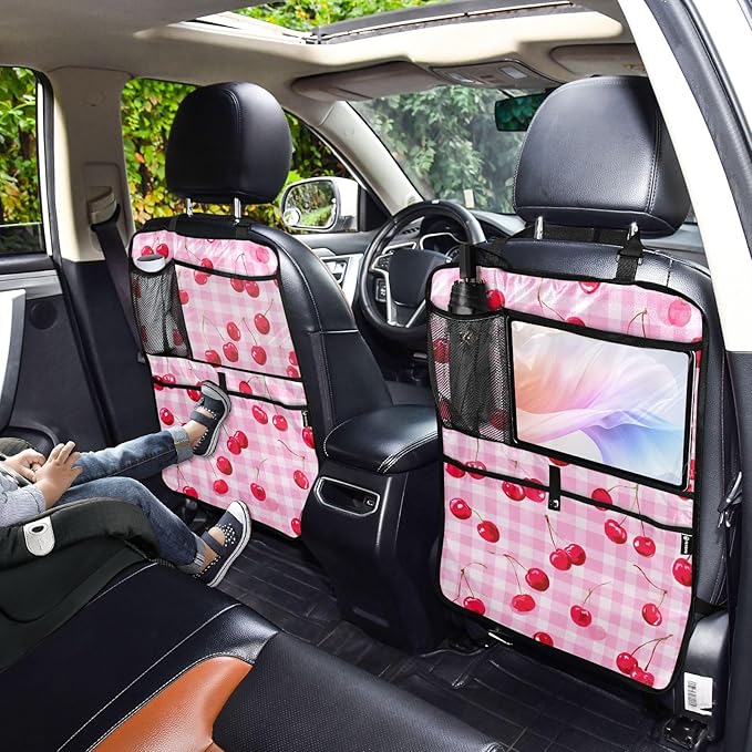 1 Pack Back Seat Car Organizer with Storage Pockets Kick Mats Back Seat Protector Hanging Car Organizer Automotive Seat Back Cover Organizers Pink Juicy Checkered Cherry