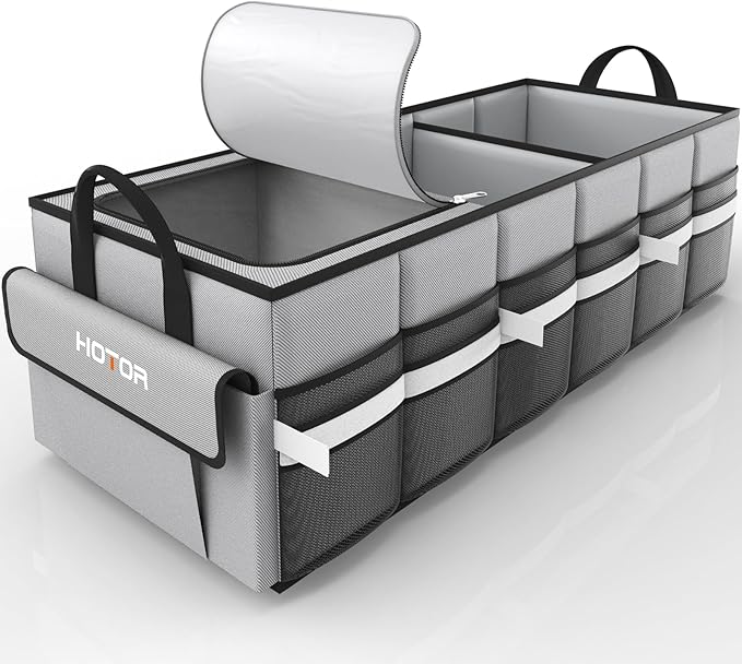 HOTOR Trunk Organizer - Car Organizer with Built-In Leakproof Car Cooler, Collapsible Trunk Organizer with Cooler for Car, SUV, Sedan, with Base Panel (3 Compartments, Grey),31.9"×12.6"×10.6"