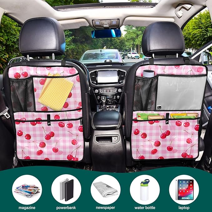 1 Pack Back Seat Car Organizer with Storage Pockets Kick Mats Back Seat Protector Hanging Car Organizer Automotive Seat Back Cover Organizers Pink Juicy Checkered Cherry
