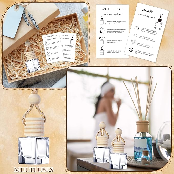100 Sets Car Diffuser Bottles Empty Bulk Hanging Car Air Freshener Diffuser Bottles Glass Perfume Holder with Instruction Cards for Essential Oil Valentines Birthday Gifts (Square)