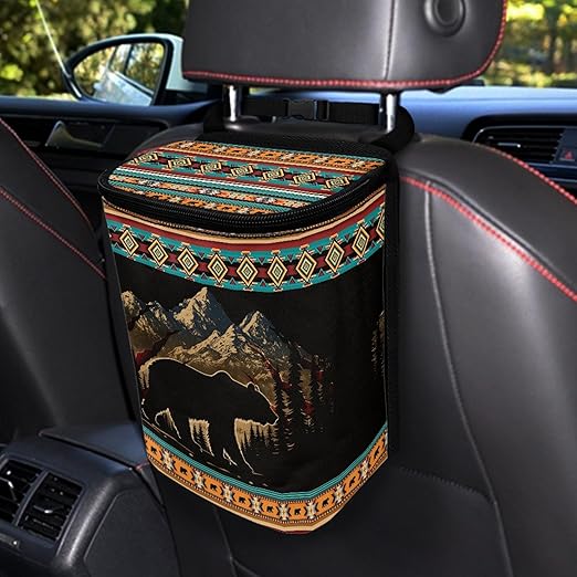 Southwest Aztec Bear Car Trash Can with Lid Portable Garbage Can Hanging for Headrest Leakproof Organizer and Storage Bag Automobile Accessories