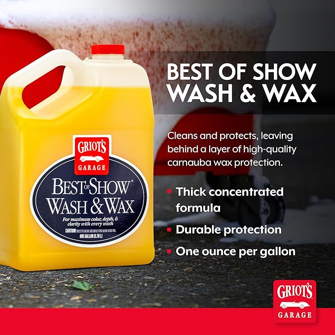 Griot's Garage Best of Show Wash and Wax for Car Detailing and Cleaning, Carnauba-Packed Coating, High Gloss Shine and Protection for Auto Paint, 11396, One Gallon