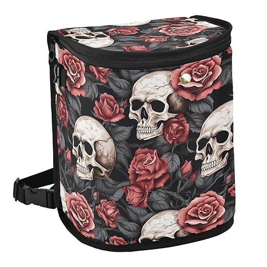 MNSRUU Car Trash Can with Lid, Gothic Skull and Flower Car Trash Bag Hanging Organizers and Storage for Front Back Seat, Leak-Proof Trash Bin