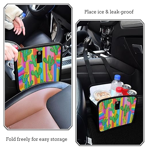 Rainbow Color Stripes and Cactus Car Trash Can Foldable Hanging Waterproof Medium Automotive Garbage Cans Trash Bin Storage Bag Car Dustbin Organizer Accessories Large 11x11x5.9